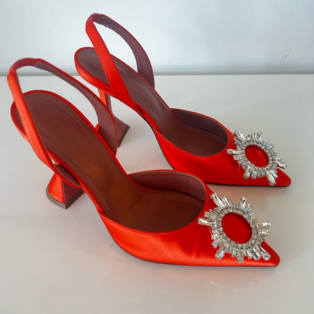 Amina Muaddi Orange Satin Begum Crystal-Embellished Sandals Size 37